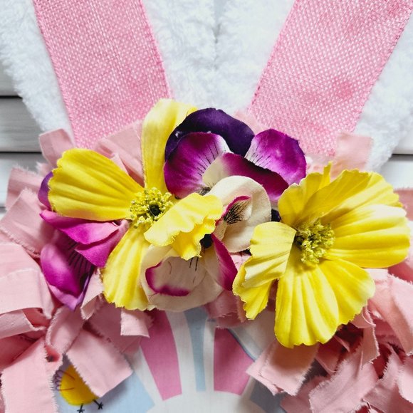 Hand Crafted Easter Bunny Rabbit Fabric Rag Wreath, Pink & White, Bunny Sign - Picture 5 of 7
